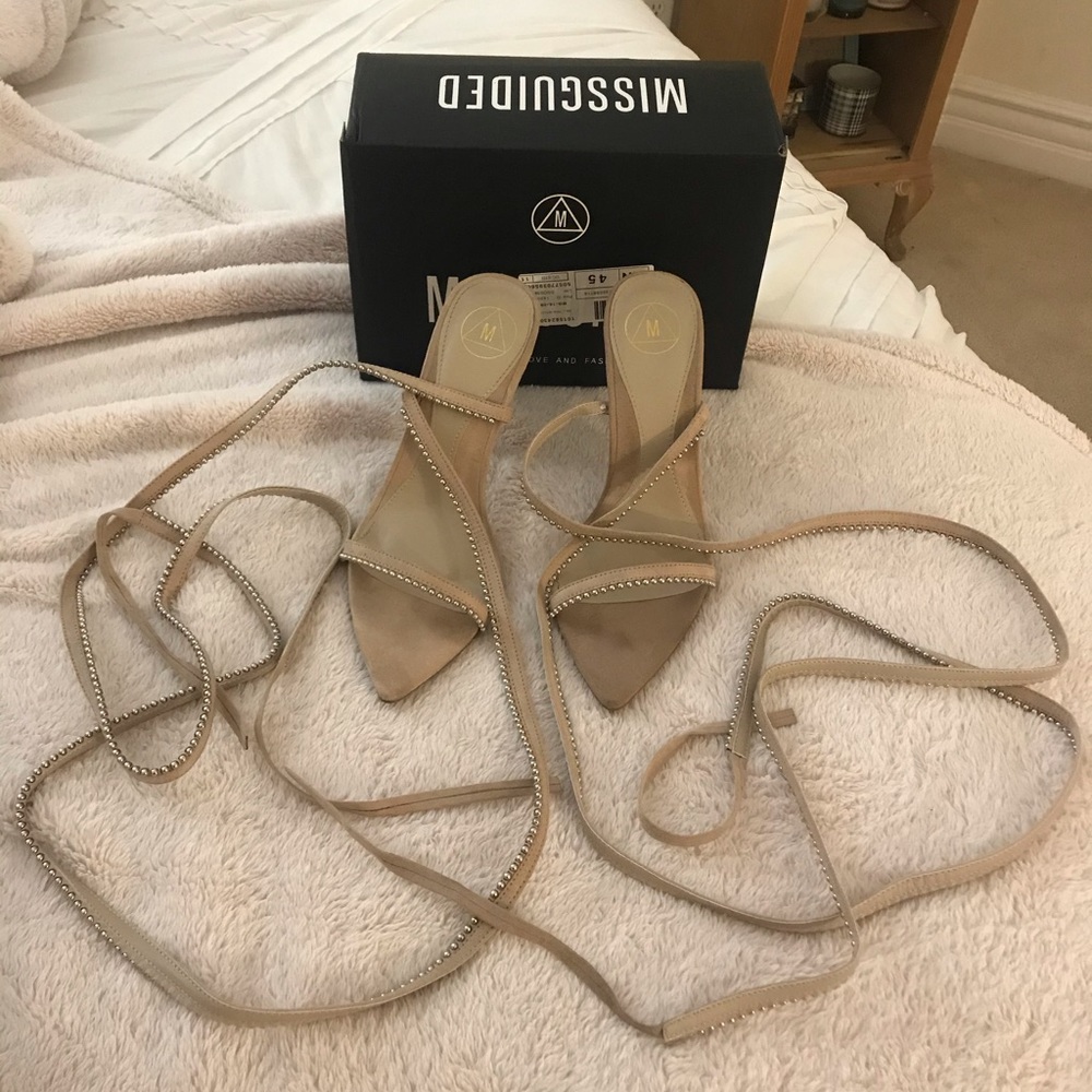 MISSGUIDED Nude Pointed Toe Lace Up Heels